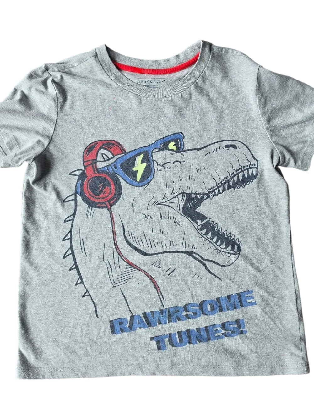 Andy & Evan Grey T‑Shirt with Dino Headphones Graphic